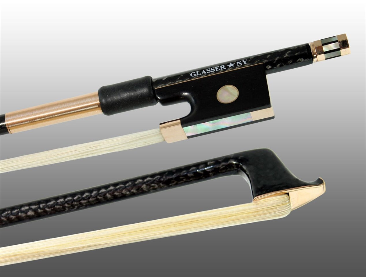 VIOLIN BOW BRAIDED CARBON FIBER ROUND, FULLY LINED EBONY FROG, 585 GOLD GRIP & TIP