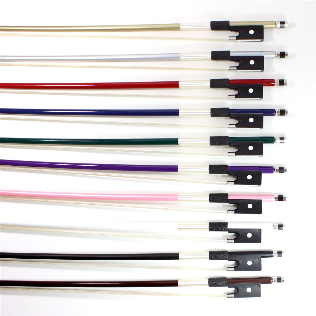 VIOLIN BOW FIBERGLASS, COLORED STICK, HALF-LINED FROG NICKEL WIRE GRIP