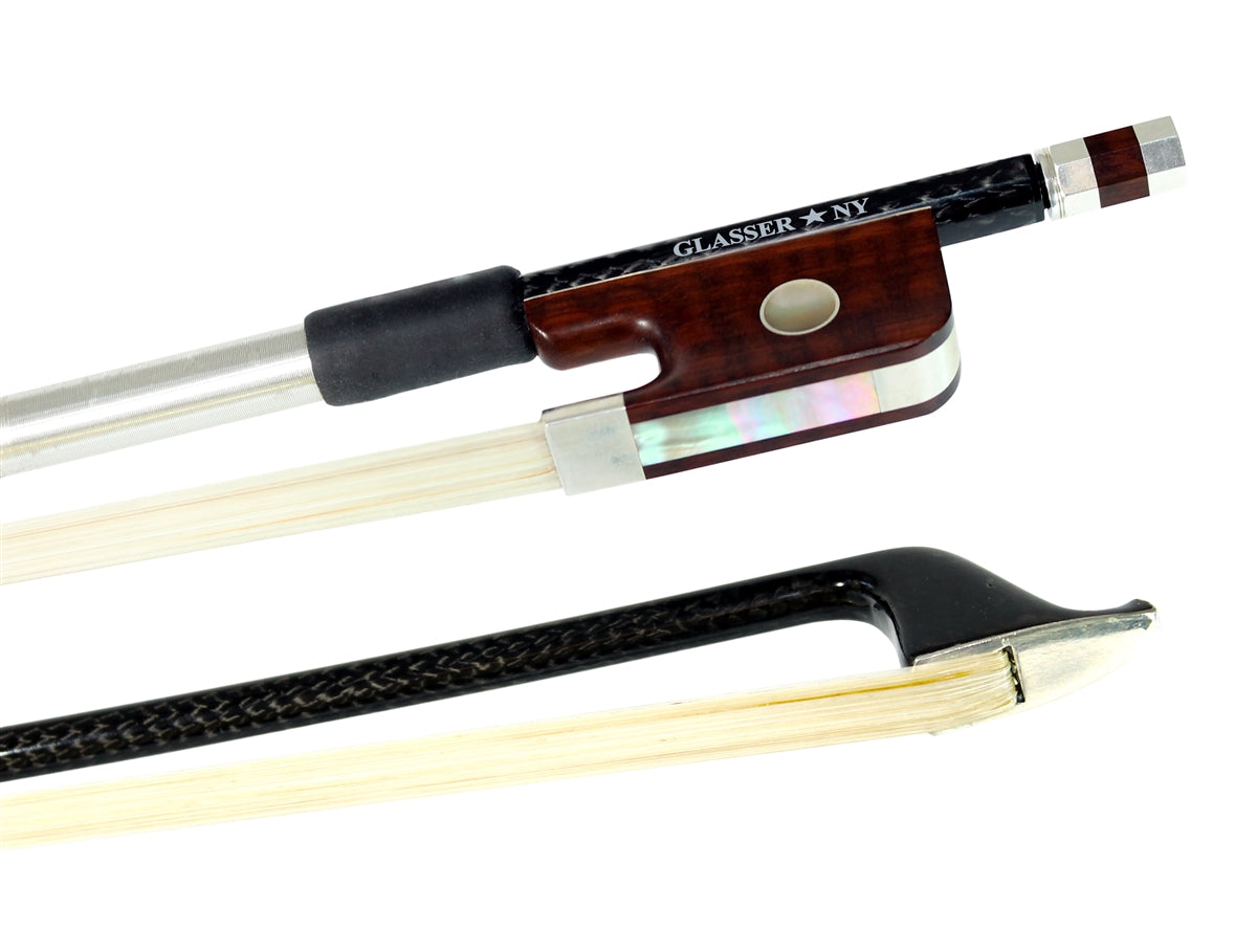 VIOLA BOW BRAIDED CARBON FIBER ROUND, FULLY LINED SNAKEWOOD FROG, STERLING SILVER WIRE GRIP & TIP