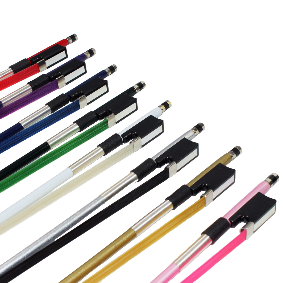 203SHCC - Violin Bow Fiberglass, Colored Stick & Hair, Half-Lined Frog Nickel Wire Grip