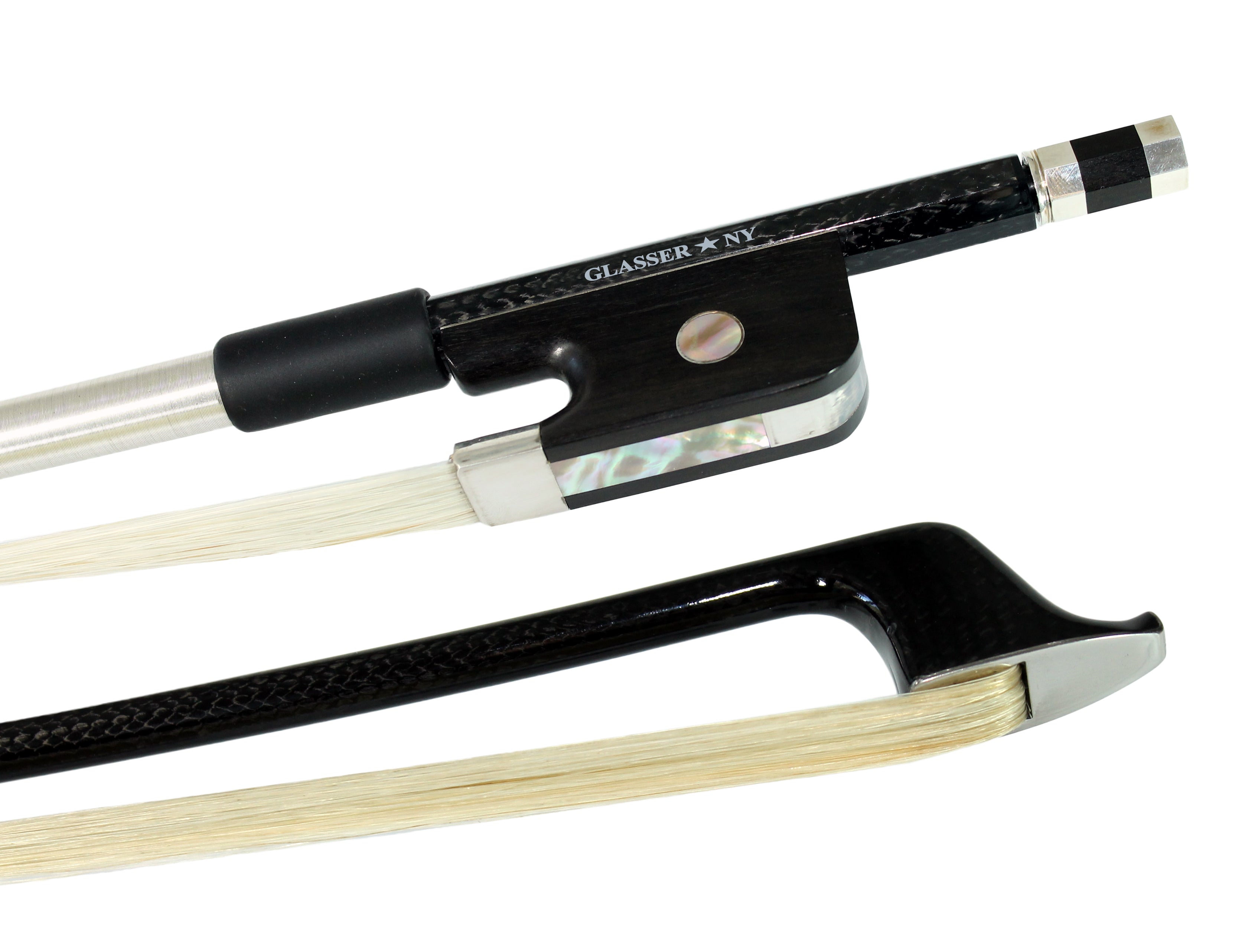 F5005BCF - BASS BOW FRENCH BRAIDED CARBON FIBER ROUND, FULLY LINED EBONY FROG, NICKEL WIRE GRIP & TIP