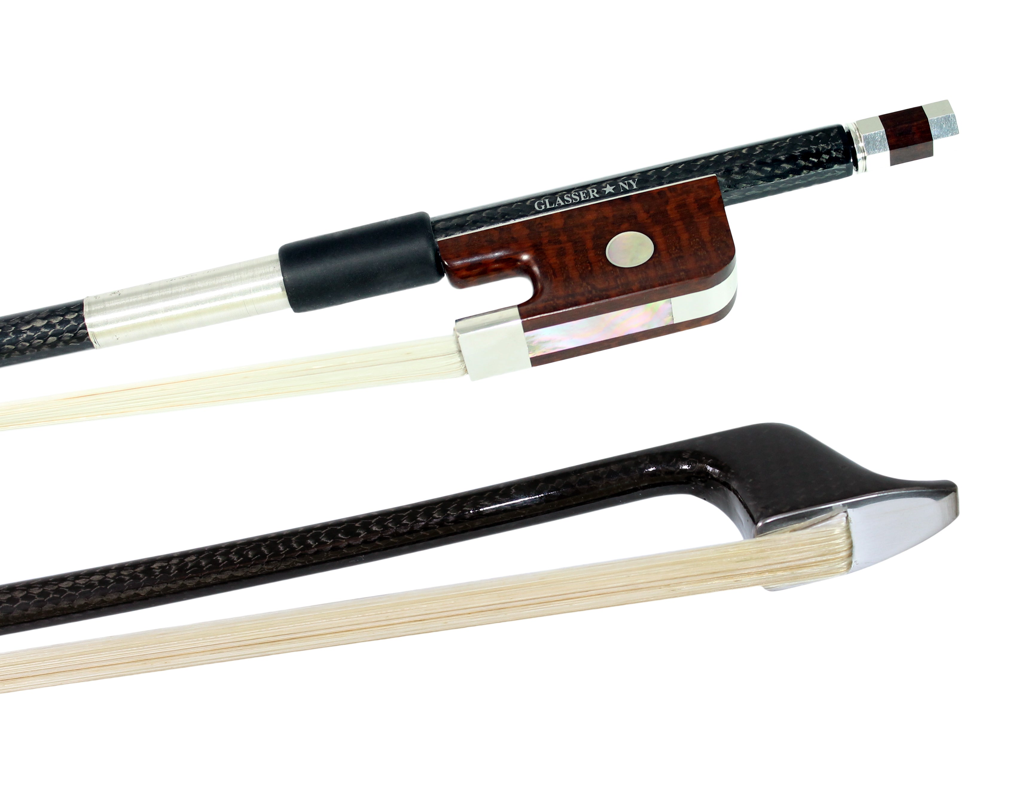 F5005BCFS-SN - BASS BOW FRENCH BRAIDED CARBON FIBER ROUND, FULLY LINED SNAKEWOOD FROG, STERLING SILVER WIRE GRIP & TIP