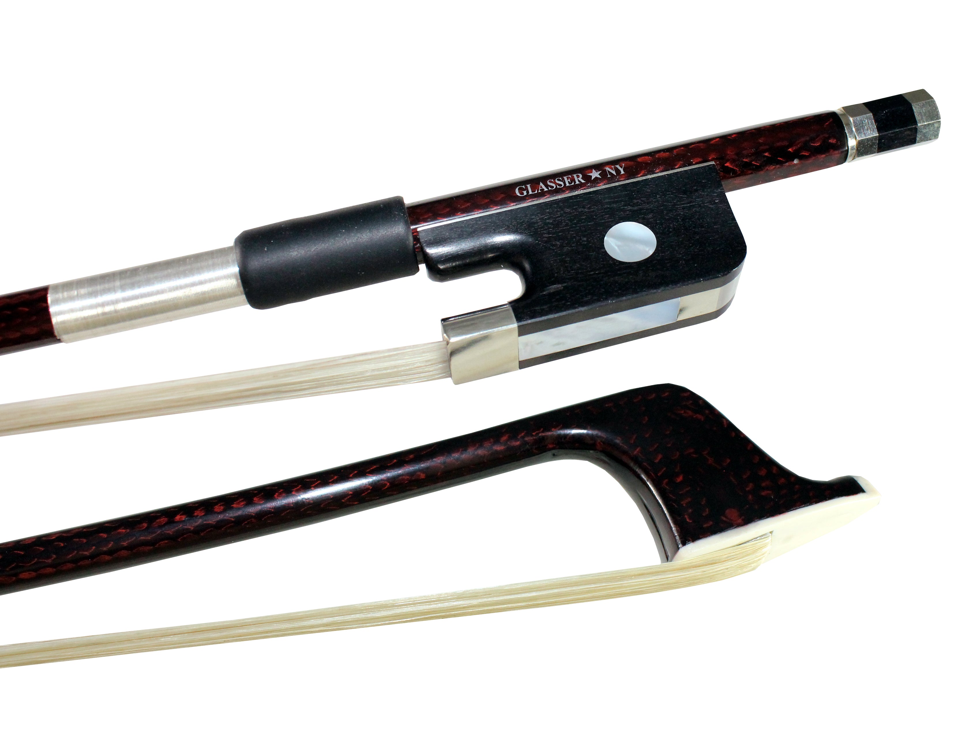 F5015BCFX - BASS BOW FRENCH BRAIDED CARBON FIBER ROUND, FULLY LINED EBONY FROG, NICKEL WIRE GRIP, PLASTIC TIP