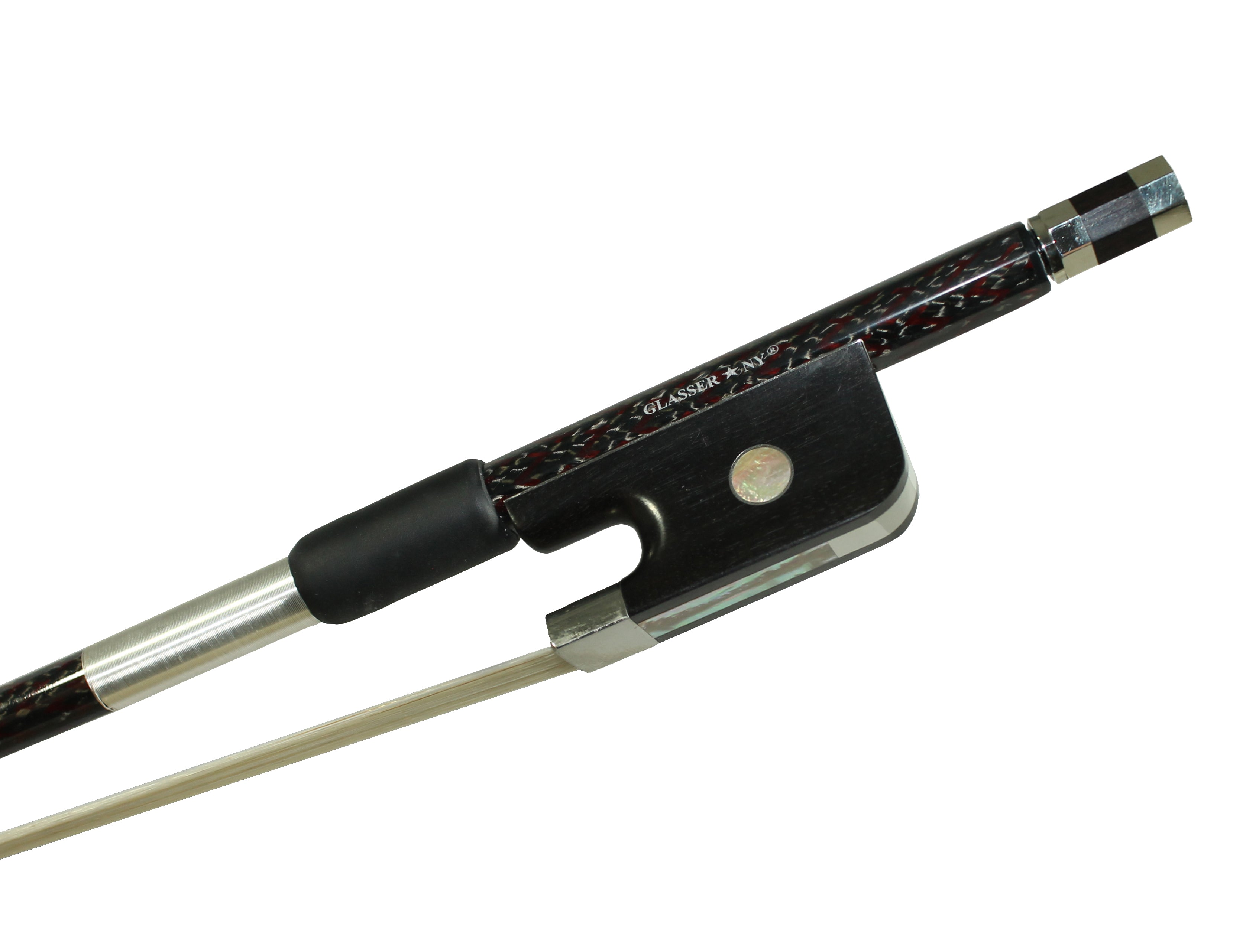 F5016BCFR - BASS BOW FRENCH BRAIDED CARBON/RED HYBRID FIBER, ROUND, FULLY LINED EBONY FROG, NICKEL WIRE GRIP & TIP