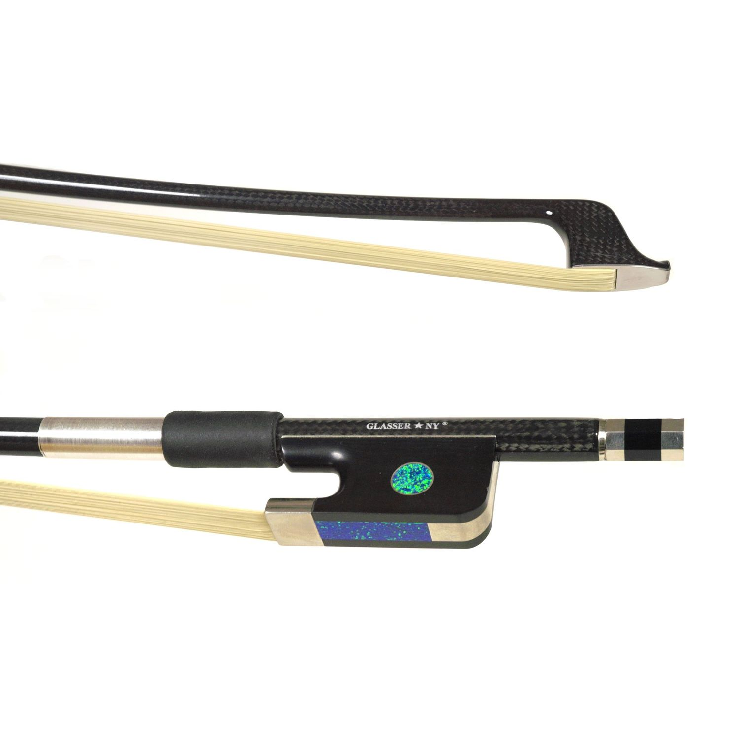 GLASSER*NY BRAIDED CARBON FIBER EARTH MODEL FRENCH BASS BOW SYNTHETIC EBONY/OPAL/KAMEL HAIR