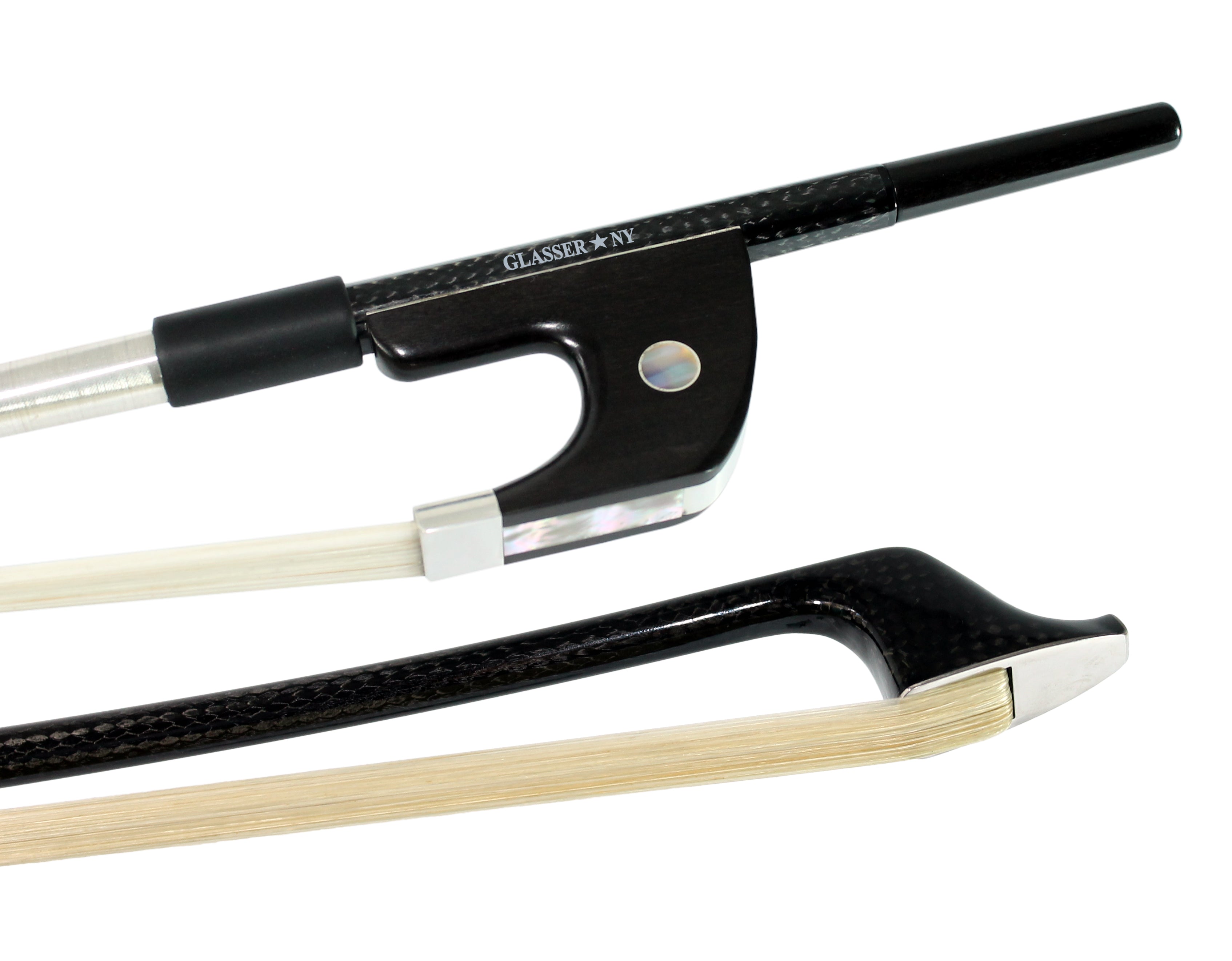 G5005BCF - BASS BOW GERMAN BRAIDED CARBON FIBER ROUND, FULLY LINED EBONY FROG, NICKEL WIRE GRIP & TIP