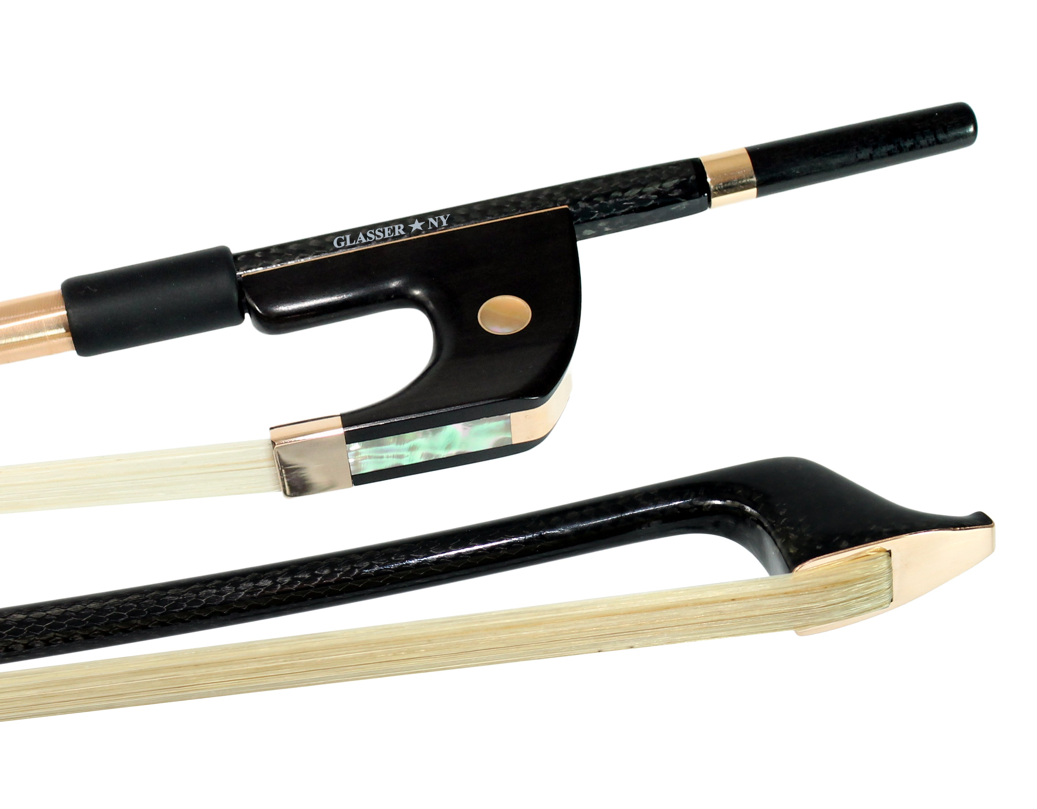 G5005BCFGK - BASS BOW GERMAN BRAIDED CARBON FIBER OCTAGONAL, FULLY LINED EBONY FROG, 585 GOLD GRIP & TIP