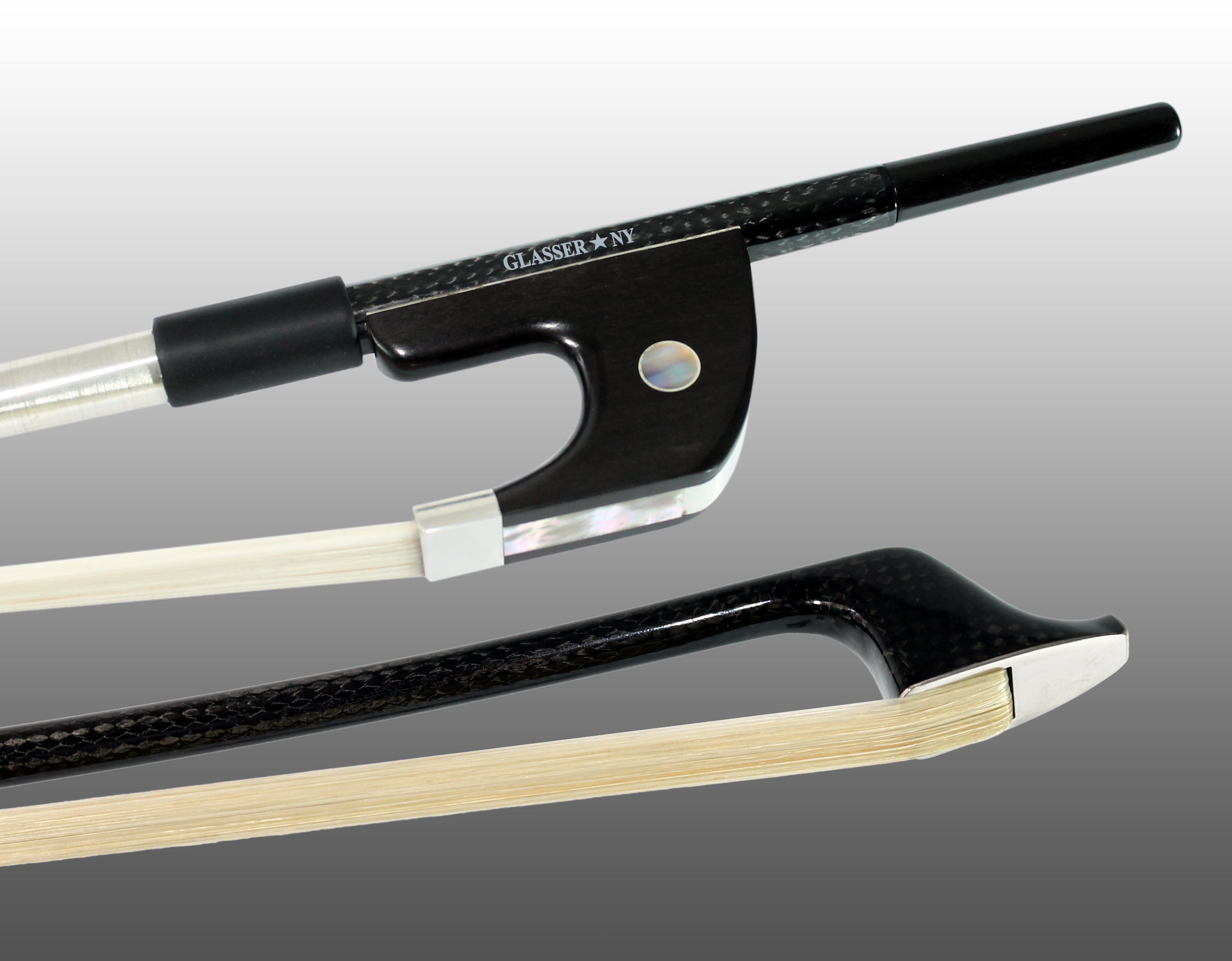 G5005BCFS - BASS BOW GERMAN BRAIDED CARBON FIBER ROUND, FULLY LINED EBONY FROG, STERLING SILVER WIRE GRIP & TIP