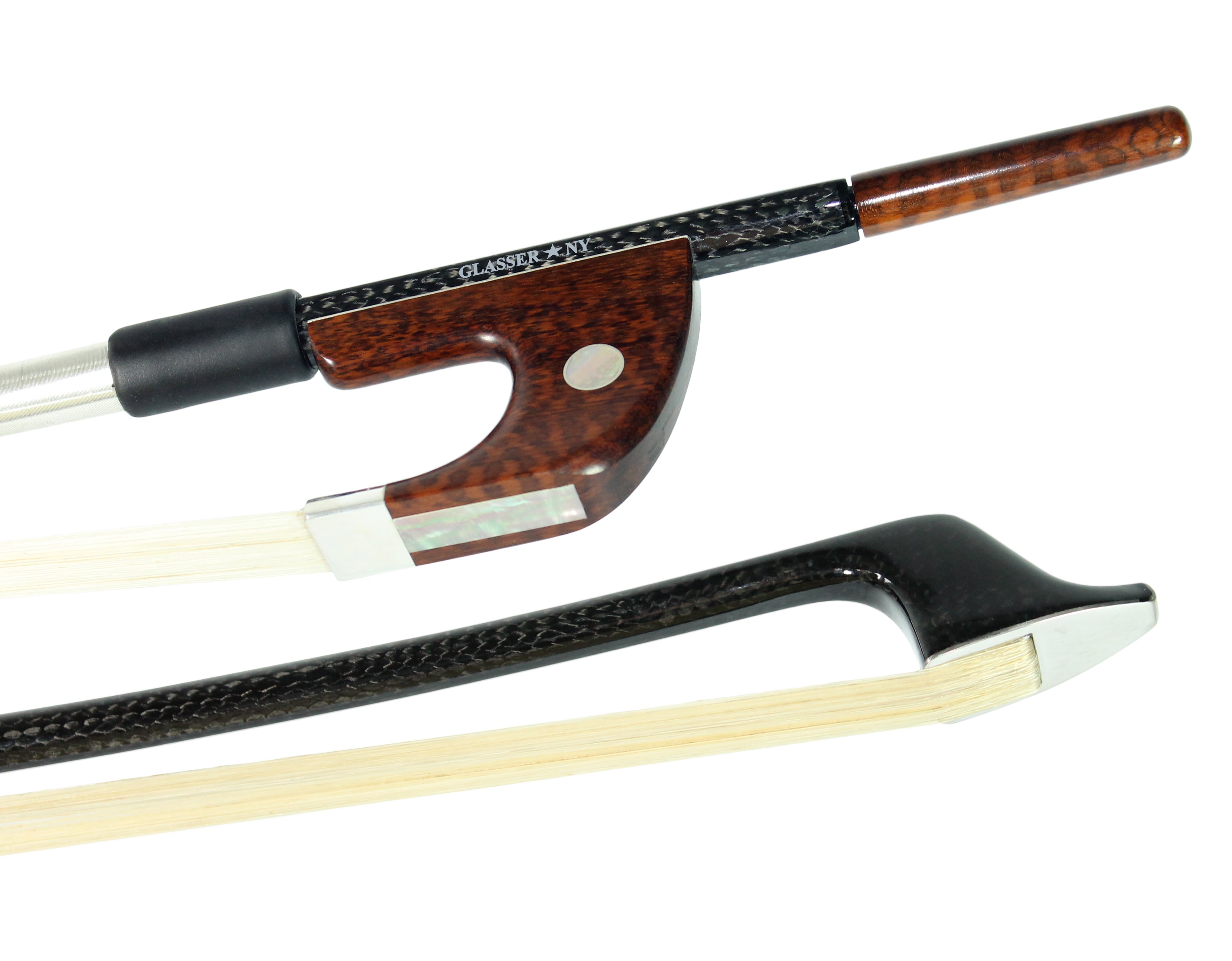 G5005BCFS-SN - Bass Bow German Braided Carbon Fiber Round, Fully Lined Snakewood Frog, Sterling Silver Wire Grip & Tip