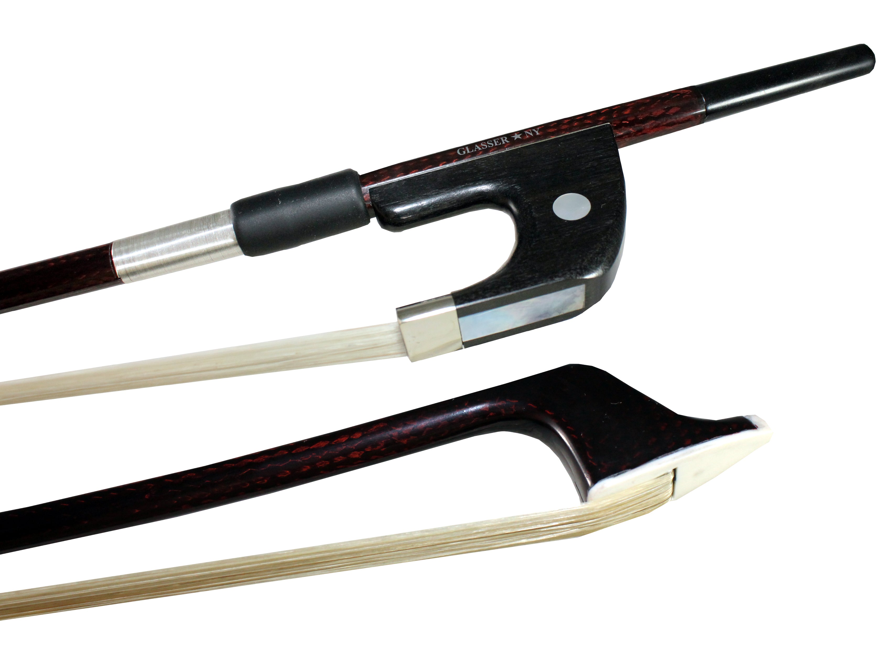 G5015BCFX - BASS BOW GERMAN BRAIDED CARBON FIBER ROUND, FULLY LINED EBONY FROG, NICKEL WIRE GRIP, PLASTIC TIP