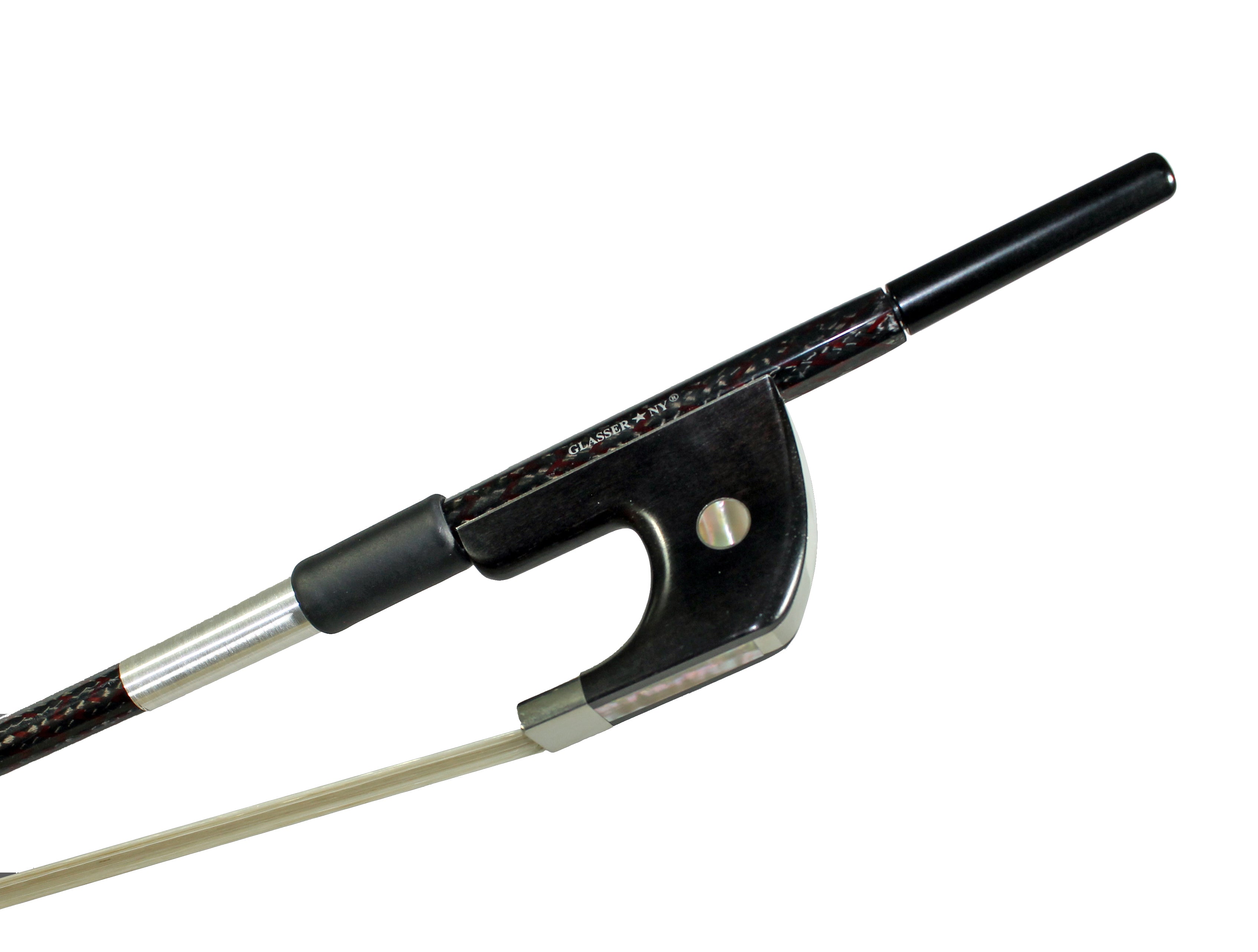 G5016BCFR - BASS BOW GERMAN BRAIDED CARBON/RED HYBRID FIBER, ROUND, FULLY LINED EBONY FROG, NICKEL WIRE GRIP & TIP