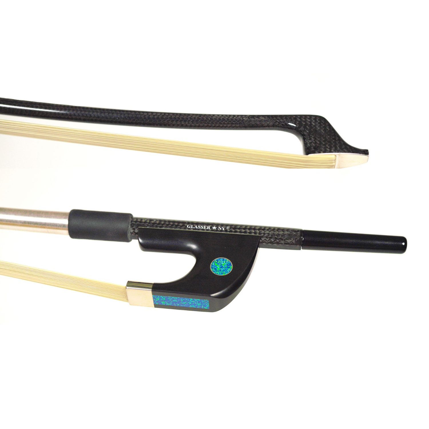 GLASSER*NY BRAIDED CARBON FIBER EARTH MODEL GERMAN BASS BOW SYNTHETIC EBONY/OPAL/KAMEL HAIR